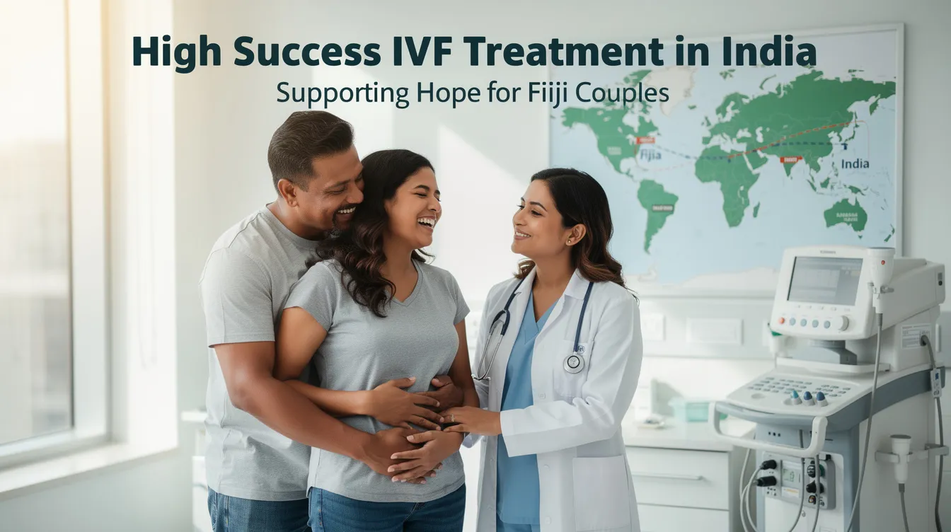 The image illustrates a couple from Fiji consulting with a fertility specialist at a leading IVF clinic in India, discussing high success IVF treatment options. The scene captures various elements of assisted reproductive technology, including charts on male infertility factors, abnormal sperm morphology, male factor infertility, and IVF procedures, emphasizing the journey towards successful pregnancy through advanced fertility treatments.