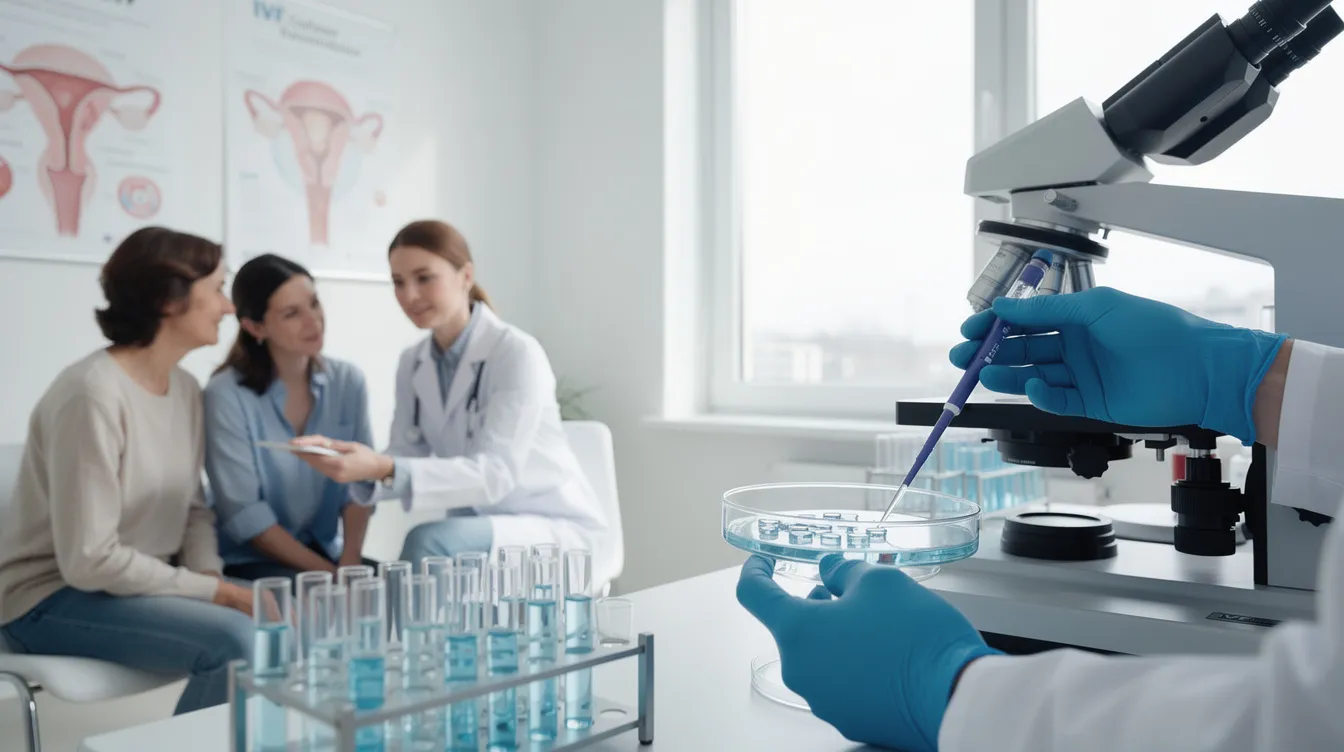 The image depicts a serene IVF clinic environment, ivf cost breakdown, showcasing a consultation room equipped with advanced technology and fertility treatment materials, emphasizing the IVF process including egg retrieval and embryo transfer. This setting represents the journey of couples exploring options like donor eggs and various IVF packages to achieve successful pregnancy.