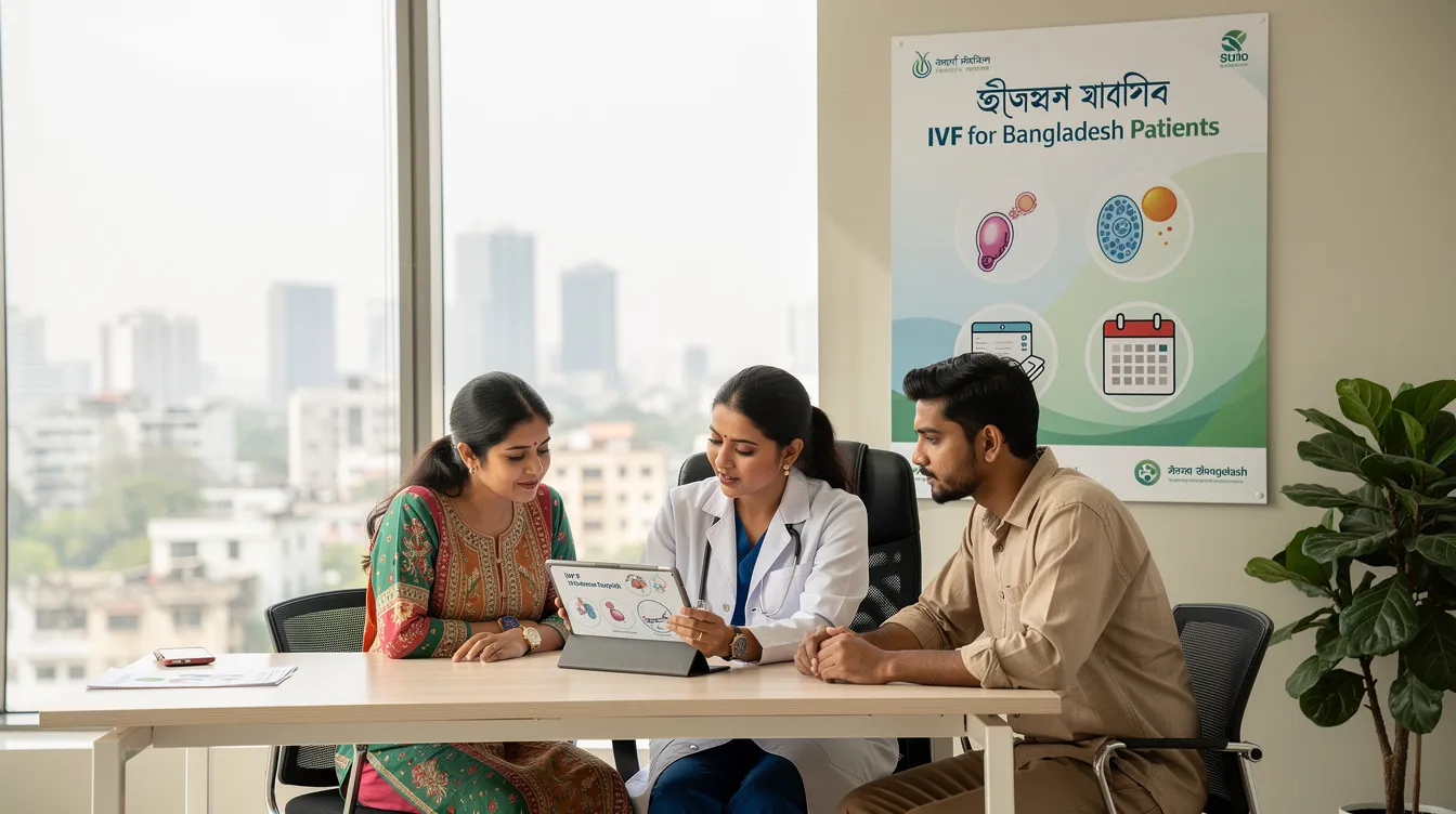 This image showcases a modern fertility clinic specializing in IVF treatment for Bangladesh patients, highlighting the advanced reproductive technology used in the IVF process. It features experienced fertility specialists discussing personalized treatment plans with prospective parents, emphasizing the journey to parenthood through effective fertility treatments.